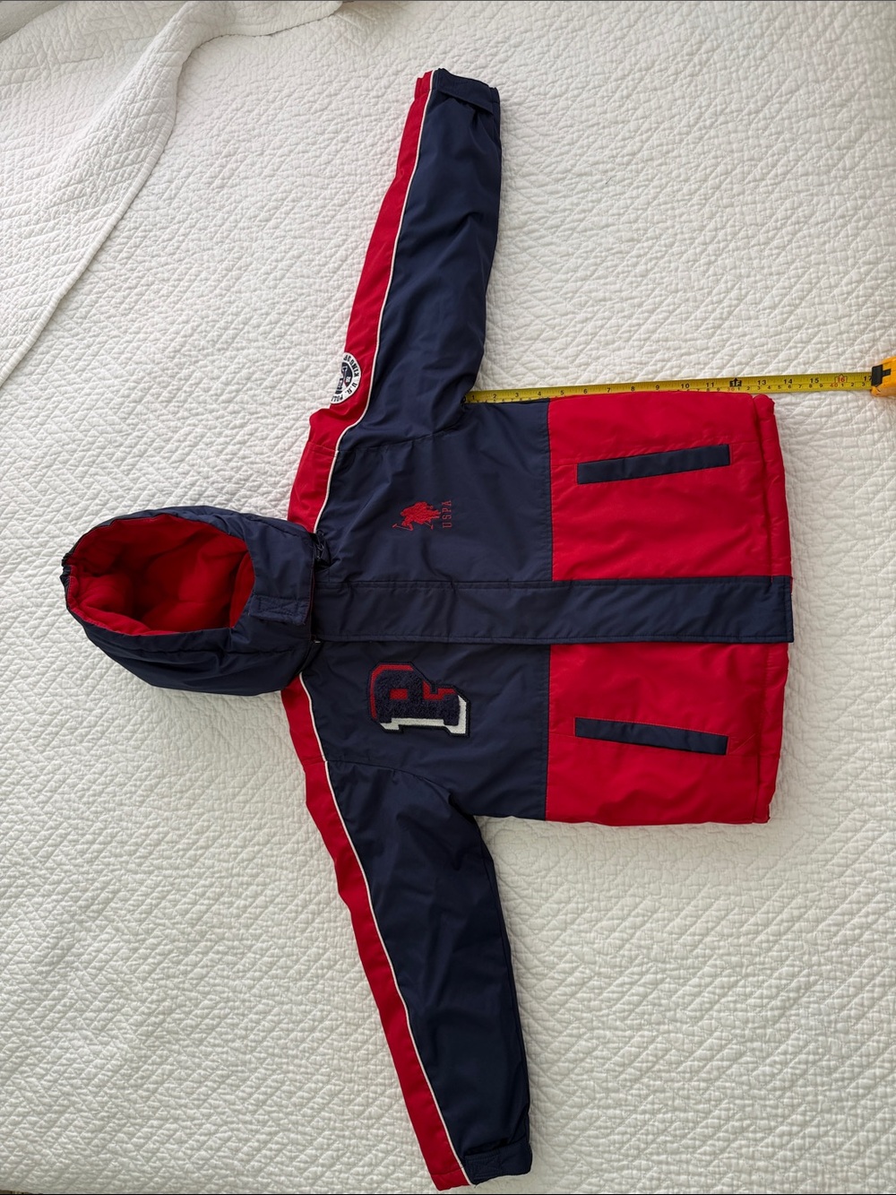 U.S. POLO ASSN.  BOYS Navy & Red Colorblock Hooded Puffer Jacket Size S (8) - Picture 15 of 16